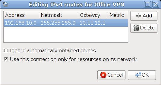 Network Connection - Edit VPN - IPV4 Settings - Routes - Add Route